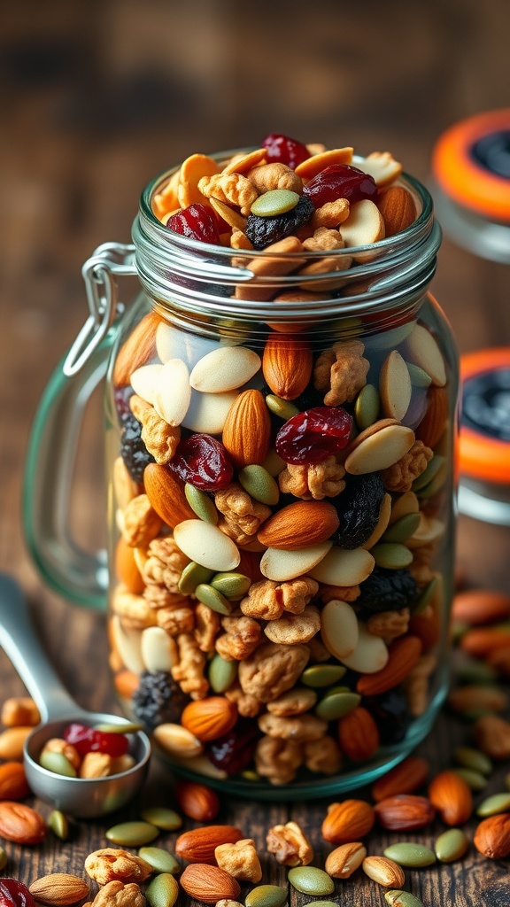 A colorful snack jar filled with nuts and dried fruits on a wooden table.